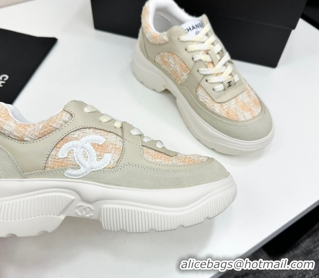 Duplicate Chanel Calfskin Leather, Suede and Tweed Platform Sneakers Green/Yellow 10 2025 CH110102 1101010