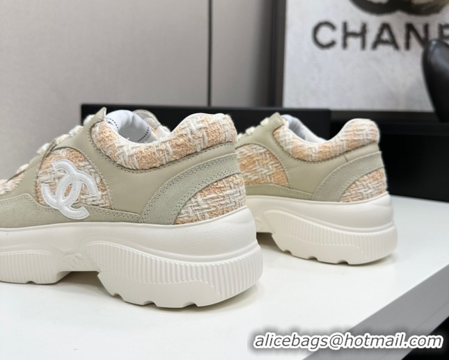 Duplicate Chanel Calfskin Leather, Suede and Tweed Platform Sneakers Green/Yellow 10 2025 CH110102 1101010
