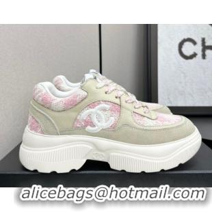 Luxurious Chanel Calfskin Leather, Suede and Tweed Platform Sneakers Green/Pink CH110102 1101011