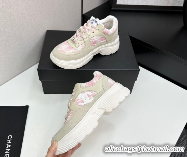 Luxurious Chanel Calfskin Leather, Suede and Tweed Platform Sneakers Green/Pink CH110102 1101011