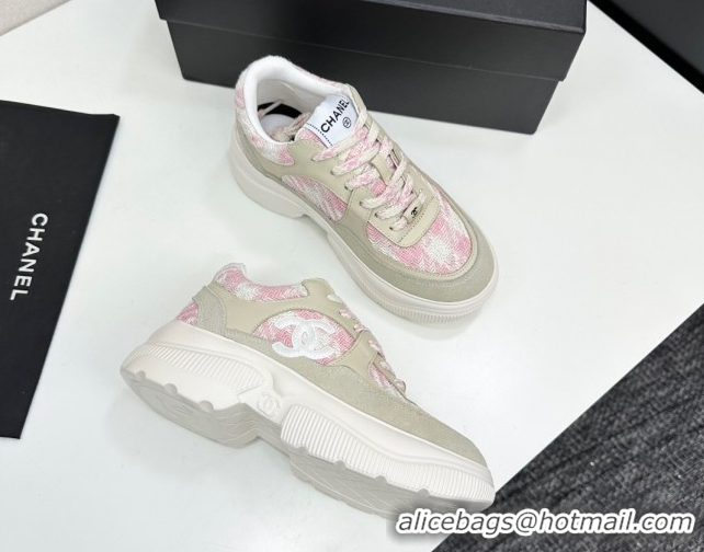 Luxurious Chanel Calfskin Leather, Suede and Tweed Platform Sneakers Green/Pink CH110102 1101011