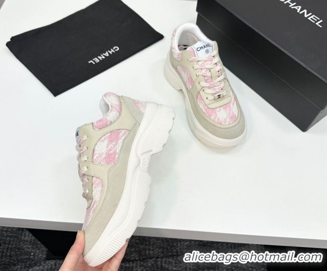 Luxurious Chanel Calfskin Leather, Suede and Tweed Platform Sneakers Green/Pink CH110102 1101011