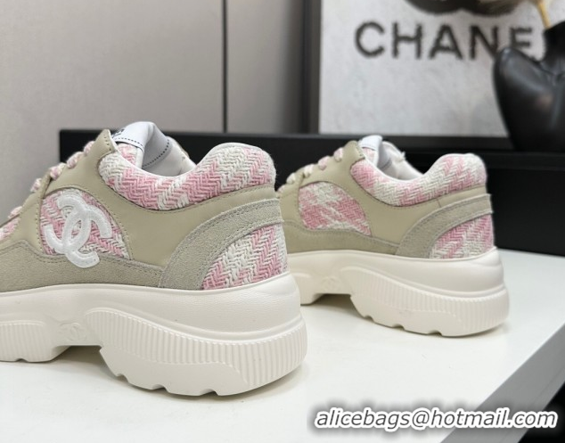 Luxurious Chanel Calfskin Leather, Suede and Tweed Platform Sneakers Green/Pink CH110102 1101011