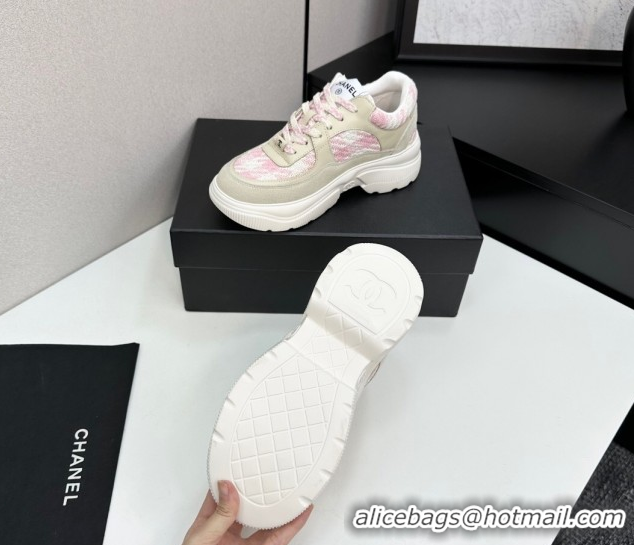 Luxurious Chanel Calfskin Leather, Suede and Tweed Platform Sneakers Green/Pink CH110102 1101011