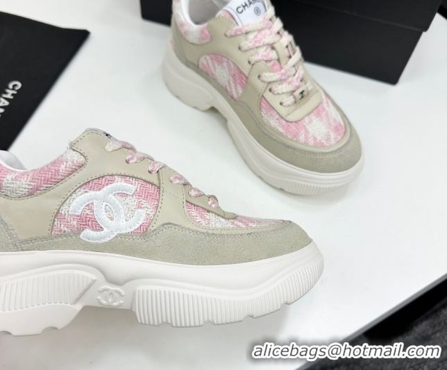 Luxurious Chanel Calfskin Leather, Suede and Tweed Platform Sneakers Green/Pink CH110102 1101011