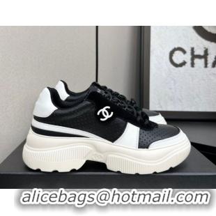 Top Design Chanel Perforated Calfskin Leather Platform Sneakers White/Black CH110102 51101017