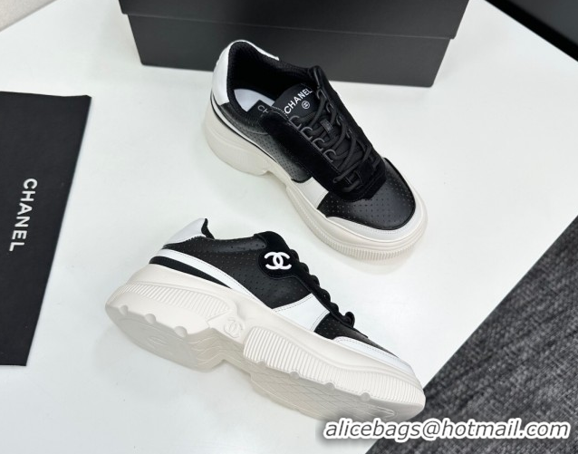 Top Design Chanel Perforated Calfskin Leather Platform Sneakers White/Black CH110102 51101017