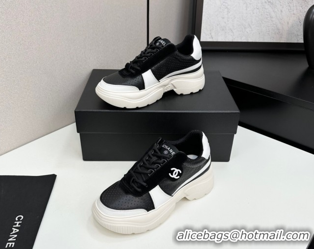 Top Design Chanel Perforated Calfskin Leather Platform Sneakers White/Black CH110102 51101017