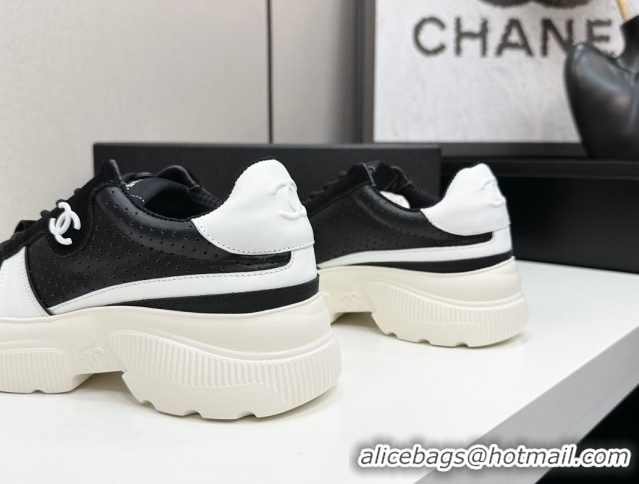 Top Design Chanel Perforated Calfskin Leather Platform Sneakers White/Black CH110102 51101017