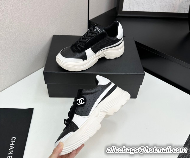 Top Design Chanel Perforated Calfskin Leather Platform Sneakers White/Black CH110102 51101017