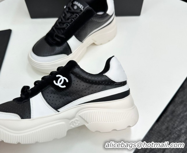 Top Design Chanel Perforated Calfskin Leather Platform Sneakers White/Black CH110102 51101017