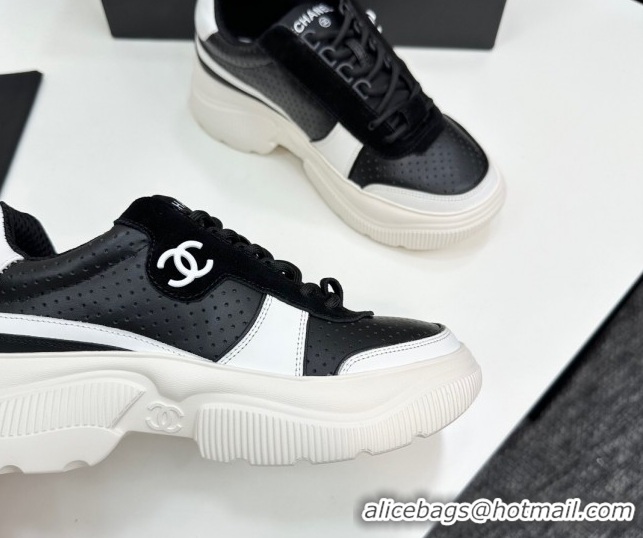 Top Design Chanel Perforated Calfskin Leather Platform Sneakers White/Black CH110102 51101017