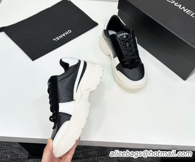 Top Design Chanel Perforated Calfskin Leather Platform Sneakers White/Black CH110102 51101017