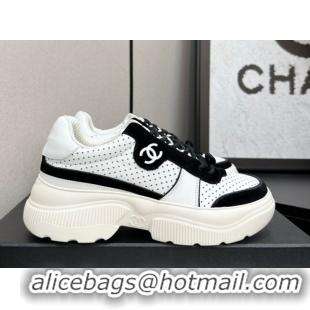 Sumptuous Chanel Perforated Calfskin Leather Platform Sneakers White/Black 18 2025 CH110102 1101018