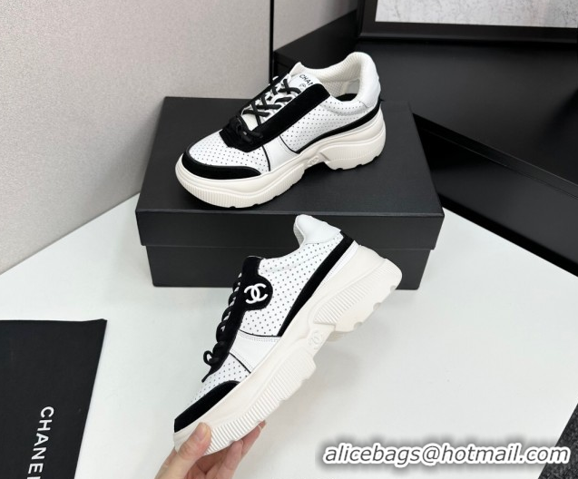 Sumptuous Chanel Perforated Calfskin Leather Platform Sneakers White/Black 18 2025 CH110102 1101018