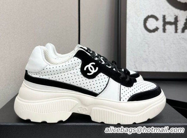 Sumptuous Chanel Perforated Calfskin Leather Platform Sneakers White/Black 18 2025 CH110102 1101018