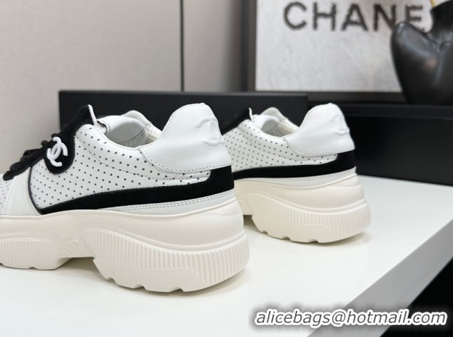 Sumptuous Chanel Perforated Calfskin Leather Platform Sneakers White/Black 18 2025 CH110102 1101018