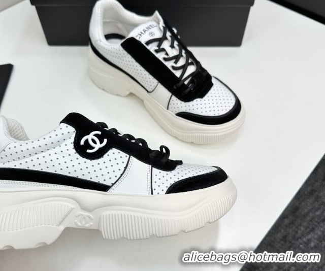 Sumptuous Chanel Perforated Calfskin Leather Platform Sneakers White/Black 18 2025 CH110102 1101018