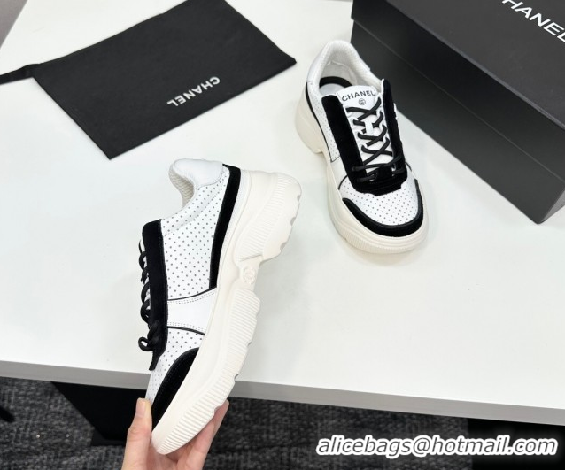 Sumptuous Chanel Perforated Calfskin Leather Platform Sneakers White/Black 18 2025 CH110102 1101018