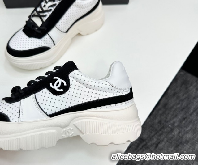 Sumptuous Chanel Perforated Calfskin Leather Platform Sneakers White/Black 18 2025 CH110102 1101018
