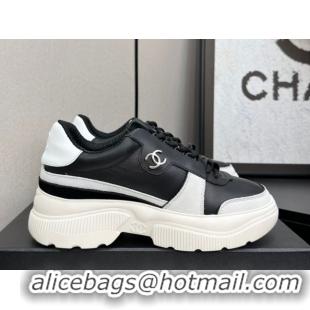 Shop Duplicate Chanel Calfskin Leather and Suede Platform Sneakers Black/White 19 2025 CH110102 1101019