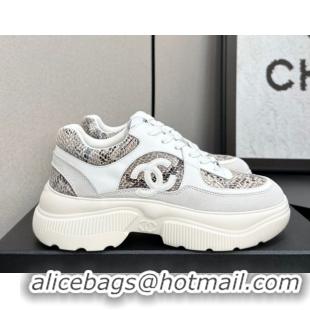 Hot Style Chanel Calfskin and Snakeskin Printed Leather Platform Sneakers Grey 2025 CH110103 1101026