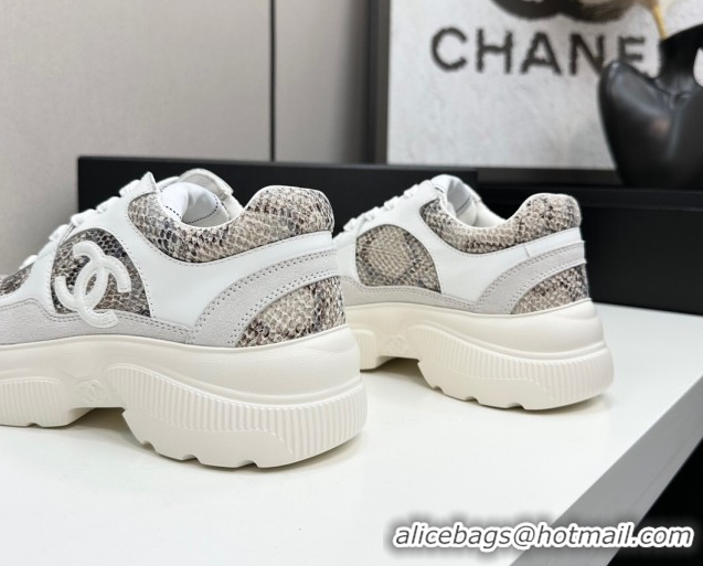 Hot Style Chanel Calfskin and Snakeskin Printed Leather Platform Sneakers Grey 2025 CH110103 1101026