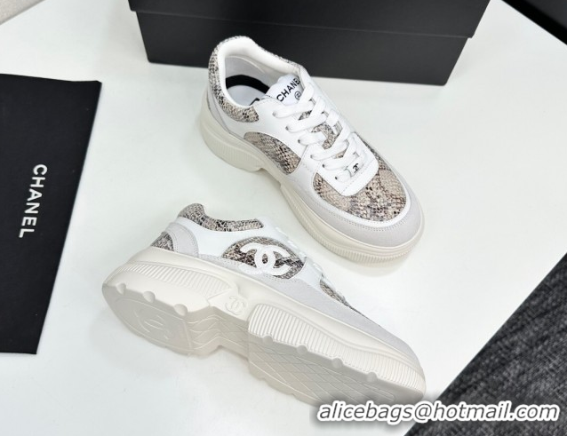 Hot Style Chanel Calfskin and Snakeskin Printed Leather Platform Sneakers Grey 2025 CH110103 1101026