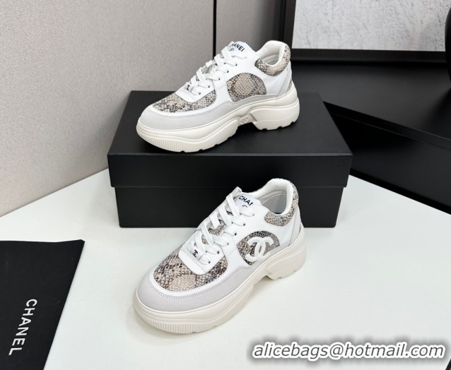 Hot Style Chanel Calfskin and Snakeskin Printed Leather Platform Sneakers Grey 2025 CH110103 1101026