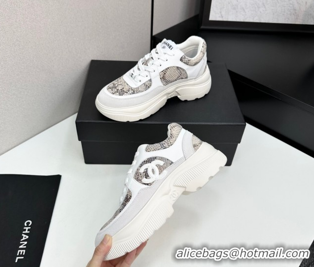 Hot Style Chanel Calfskin and Snakeskin Printed Leather Platform Sneakers Grey 2025 CH110103 1101026
