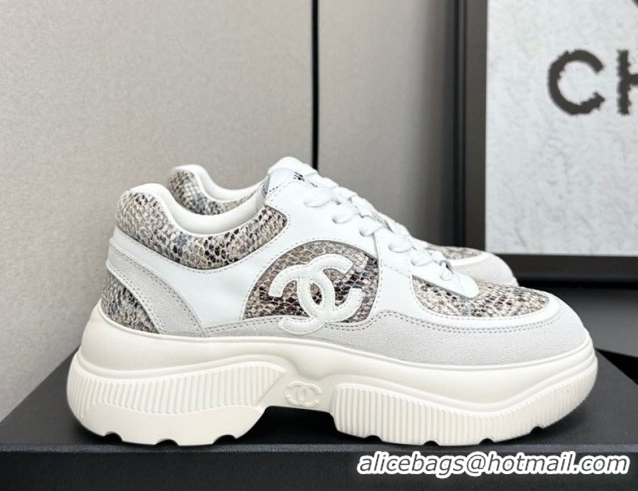 Hot Style Chanel Calfskin and Snakeskin Printed Leather Platform Sneakers Grey 2025 CH110103 1101026