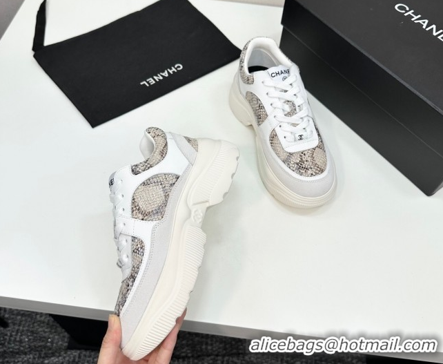 Hot Style Chanel Calfskin and Snakeskin Printed Leather Platform Sneakers Grey 2025 CH110103 1101026