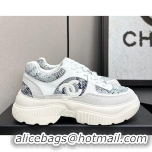 Buy Discount Chanel Calfskin and Snakeskin Printed Leather Platform Sneakers Blue 2025 CH110103 1101027