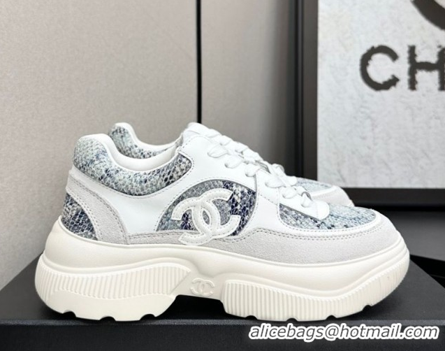 Buy Discount Chanel Calfskin and Snakeskin Printed Leather Platform Sneakers Blue 2025 CH110103 1101027