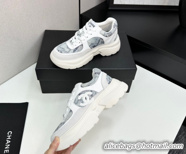 Buy Discount Chanel Calfskin and Snakeskin Printed Leather Platform Sneakers Blue 2025 CH110103 1101027
