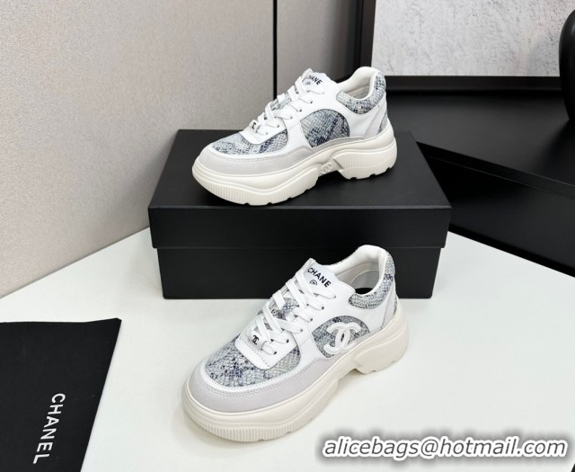 Buy Discount Chanel Calfskin and Snakeskin Printed Leather Platform Sneakers Blue 2025 CH110103 1101027