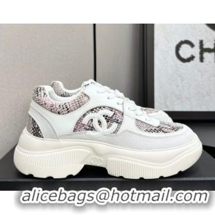 Durable Chanel Calfskin and Snakeskin Printed Leather Platform Sneakers Pink 2025 CH110103 1101028