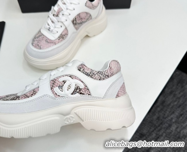 Durable Chanel Calfskin and Snakeskin Printed Leather Platform Sneakers Pink 2025 CH110103 1101028