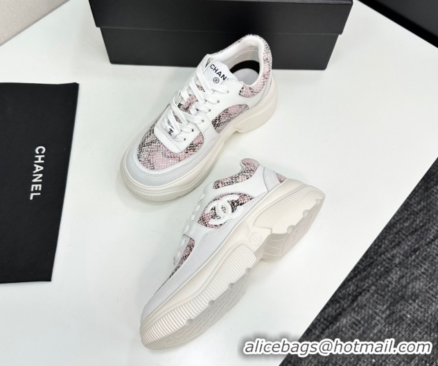 Durable Chanel Calfskin and Snakeskin Printed Leather Platform Sneakers Pink 2025 CH110103 1101028