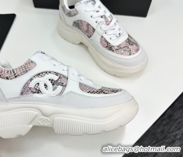 Durable Chanel Calfskin and Snakeskin Printed Leather Platform Sneakers Pink 2025 CH110103 1101028