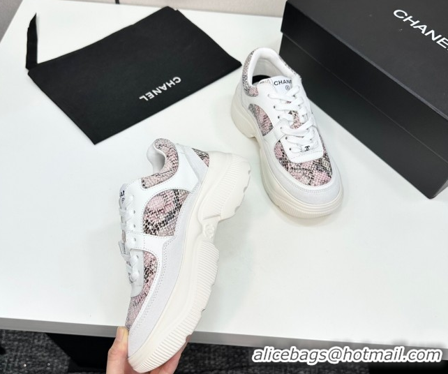 Durable Chanel Calfskin and Snakeskin Printed Leather Platform Sneakers Pink 2025 CH110103 1101028