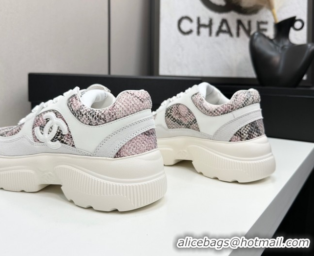 Durable Chanel Calfskin and Snakeskin Printed Leather Platform Sneakers Pink 2025 CH110103 1101028
