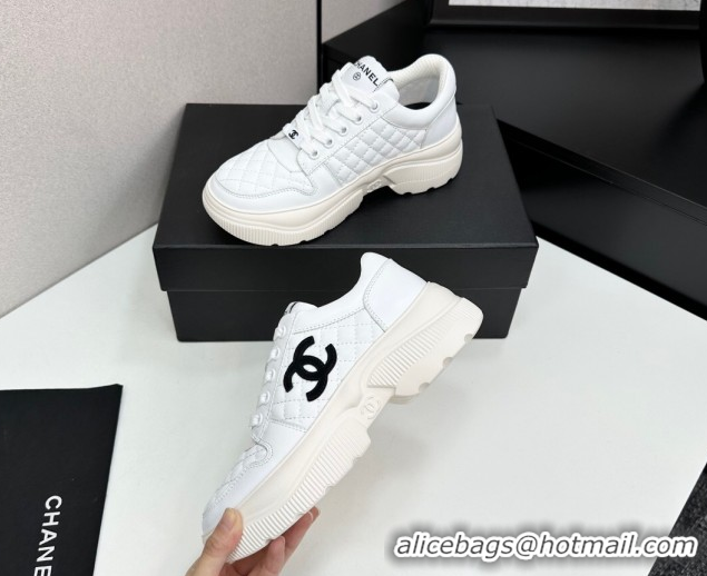 Shop Cheap Chanel Calfskin and Quilted Leather Platform Sneakers White 2025 CH110103 1101032