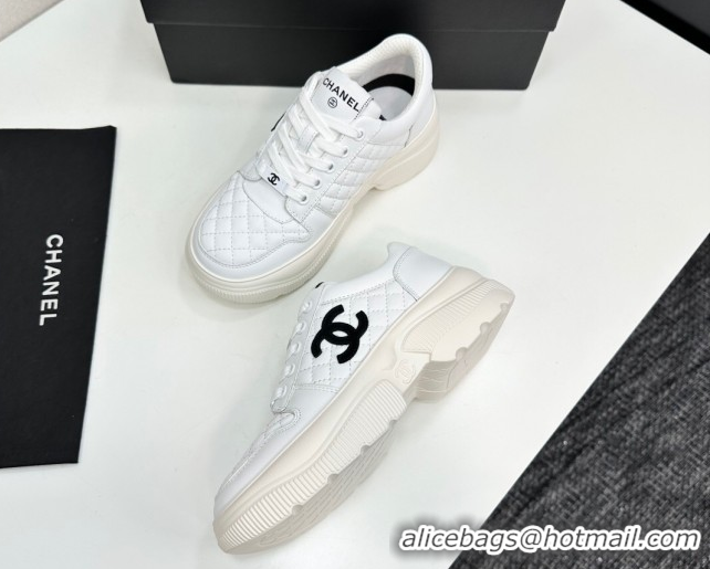 Shop Cheap Chanel Calfskin and Quilted Leather Platform Sneakers White 2025 CH110103 1101032