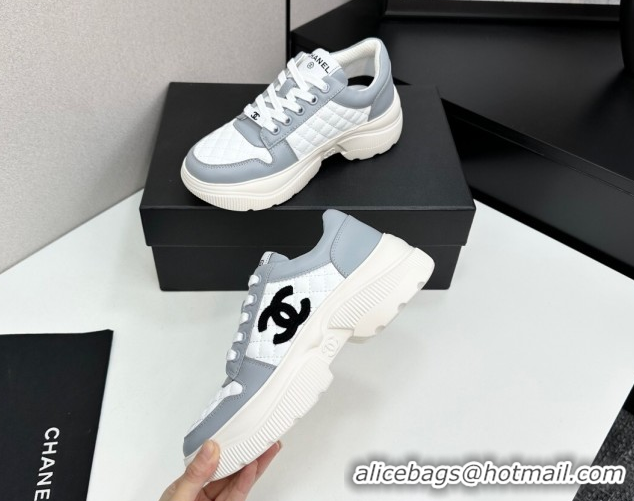 Good Product Chanel Calfskin and Quilted Leather Platform Sneakers Grey 2025 CH110103 1101034
