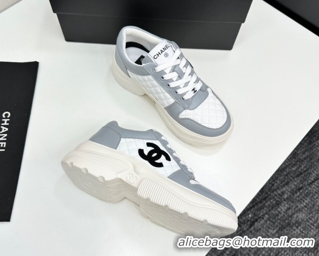 Good Product Chanel Calfskin and Quilted Leather Platform Sneakers Grey 2025 CH110103 1101034