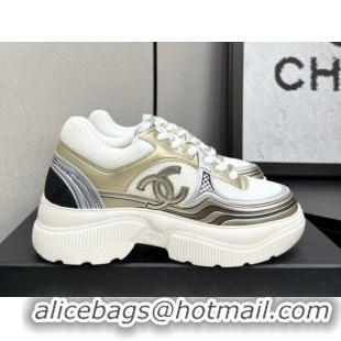 Top Design Chanel Calfskin Leather and Mesh Platform Sneakers White/Gold 2025 CH110104 1101037