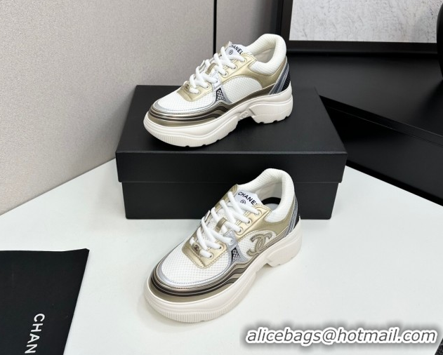Top Design Chanel Calfskin Leather and Mesh Platform Sneakers White/Gold 2025 CH110104 1101037