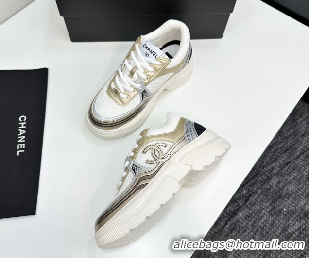 Top Design Chanel Calfskin Leather and Mesh Platform Sneakers White/Gold 2025 CH110104 1101037