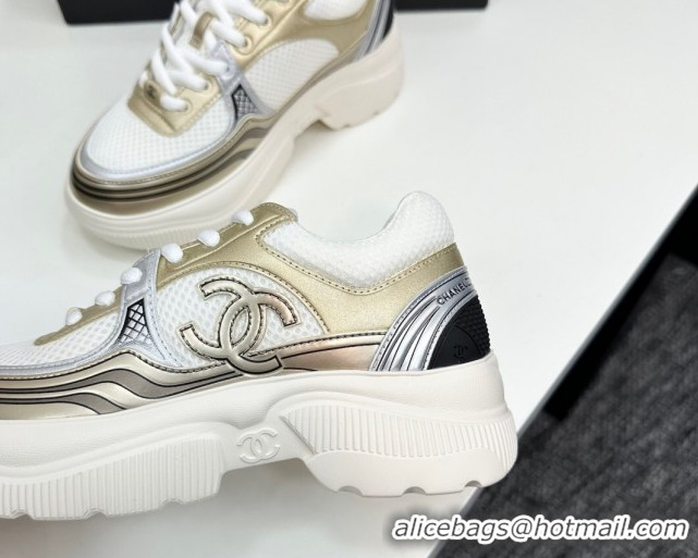 Top Design Chanel Calfskin Leather and Mesh Platform Sneakers White/Gold 2025 CH110104 1101037